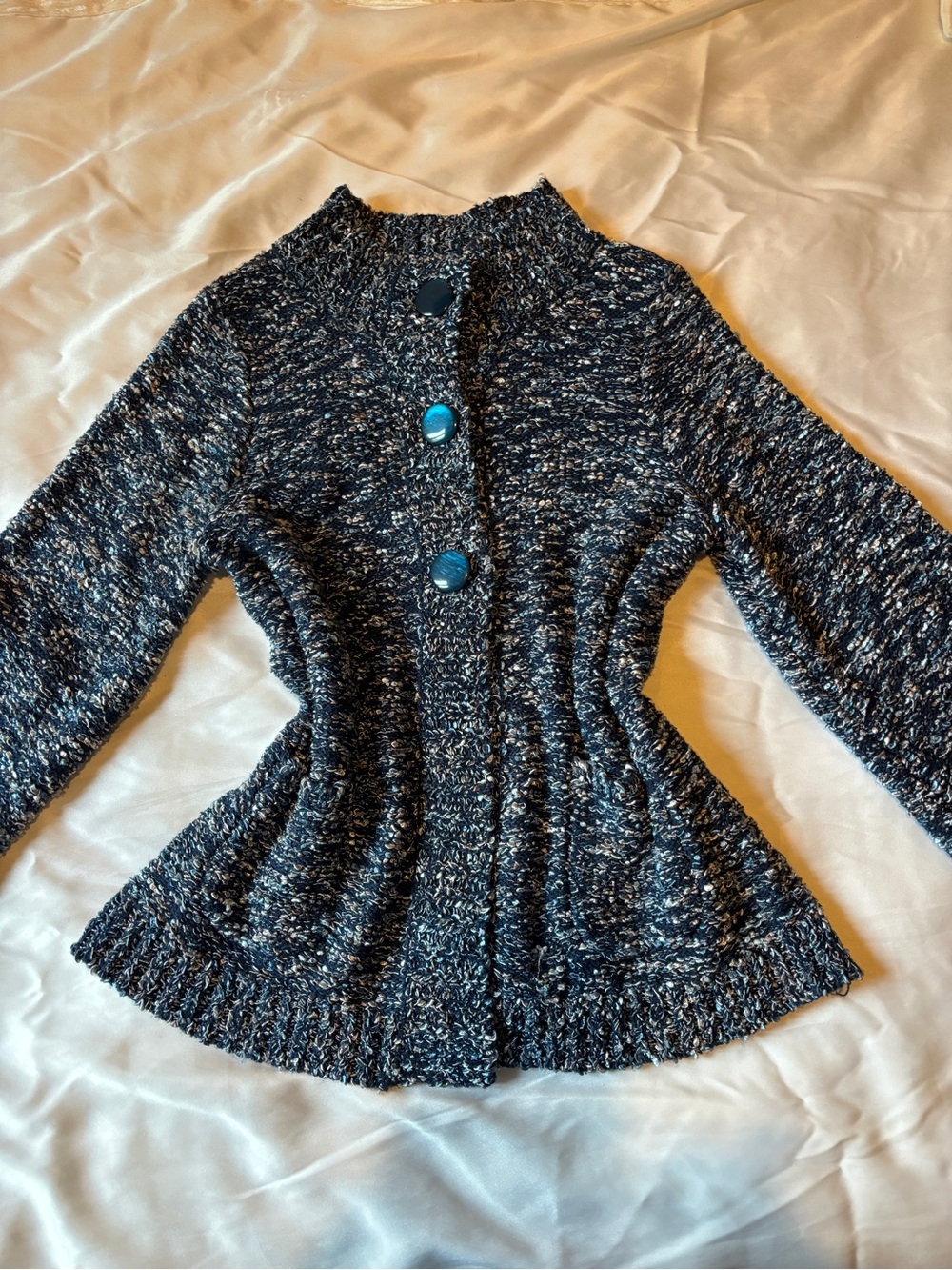 Elle Chunky Marled Knit Peplum Cardigan Blue Button Front Sweater Size L